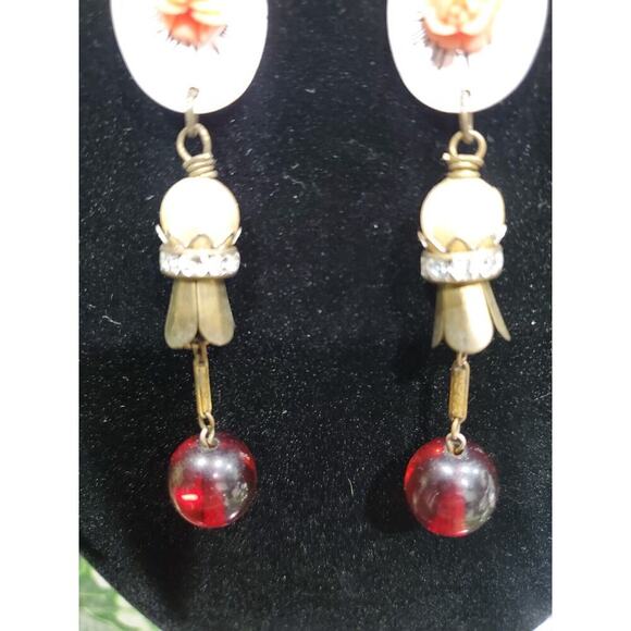 Women's Custom Multicolor Floral With Round Stone Drop Dangle Earrings Set - Picture 7 of 9